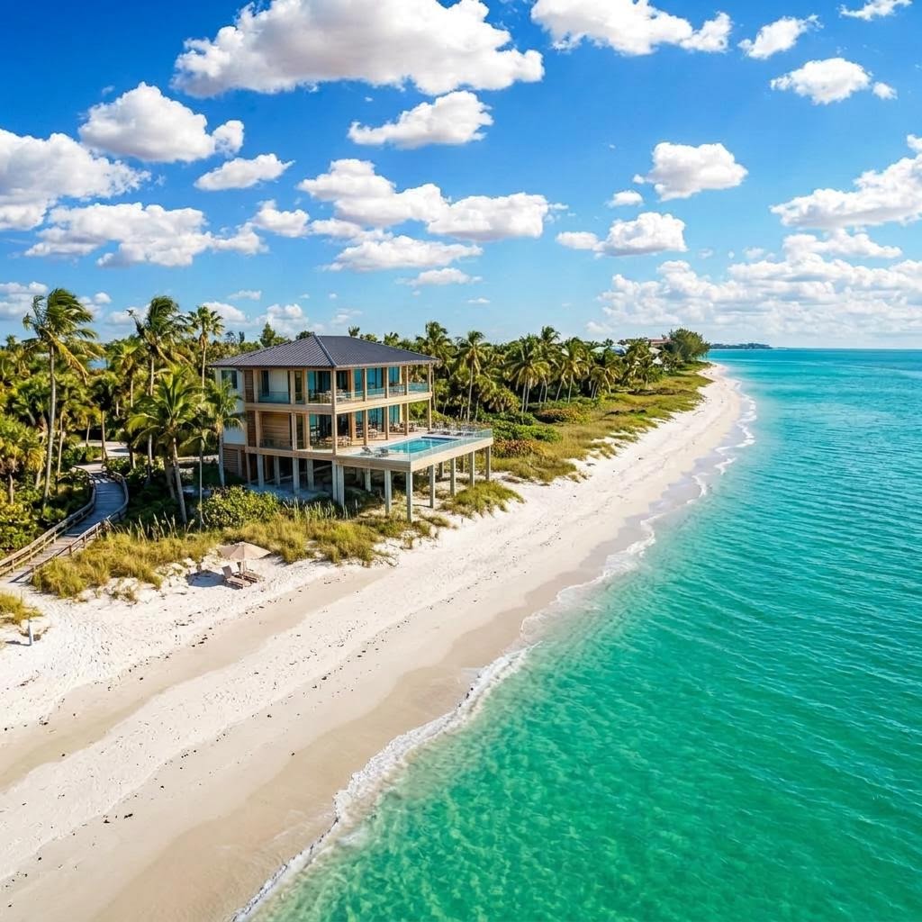 Coastal home set back from the shoreline, with dry white sand beach and dune vegetation separating the house from the sea