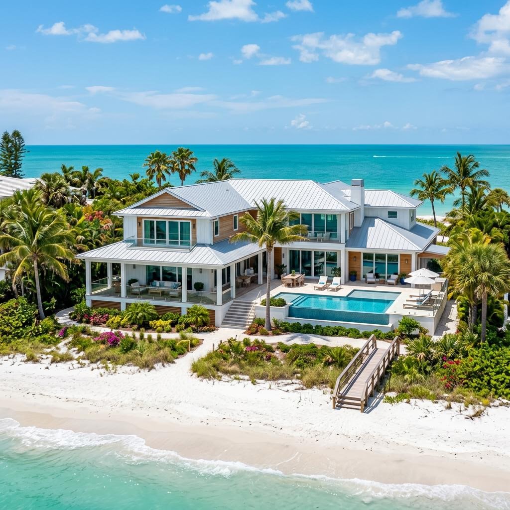 Luxury beachfront home on the Florida Gulf Coast with turquoise water and palm trees