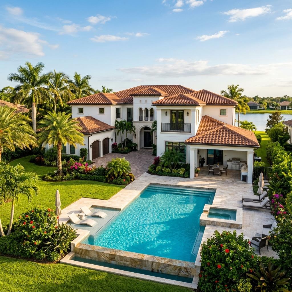 Stunning custom luxury home in Florida with tropical landscaping and pool