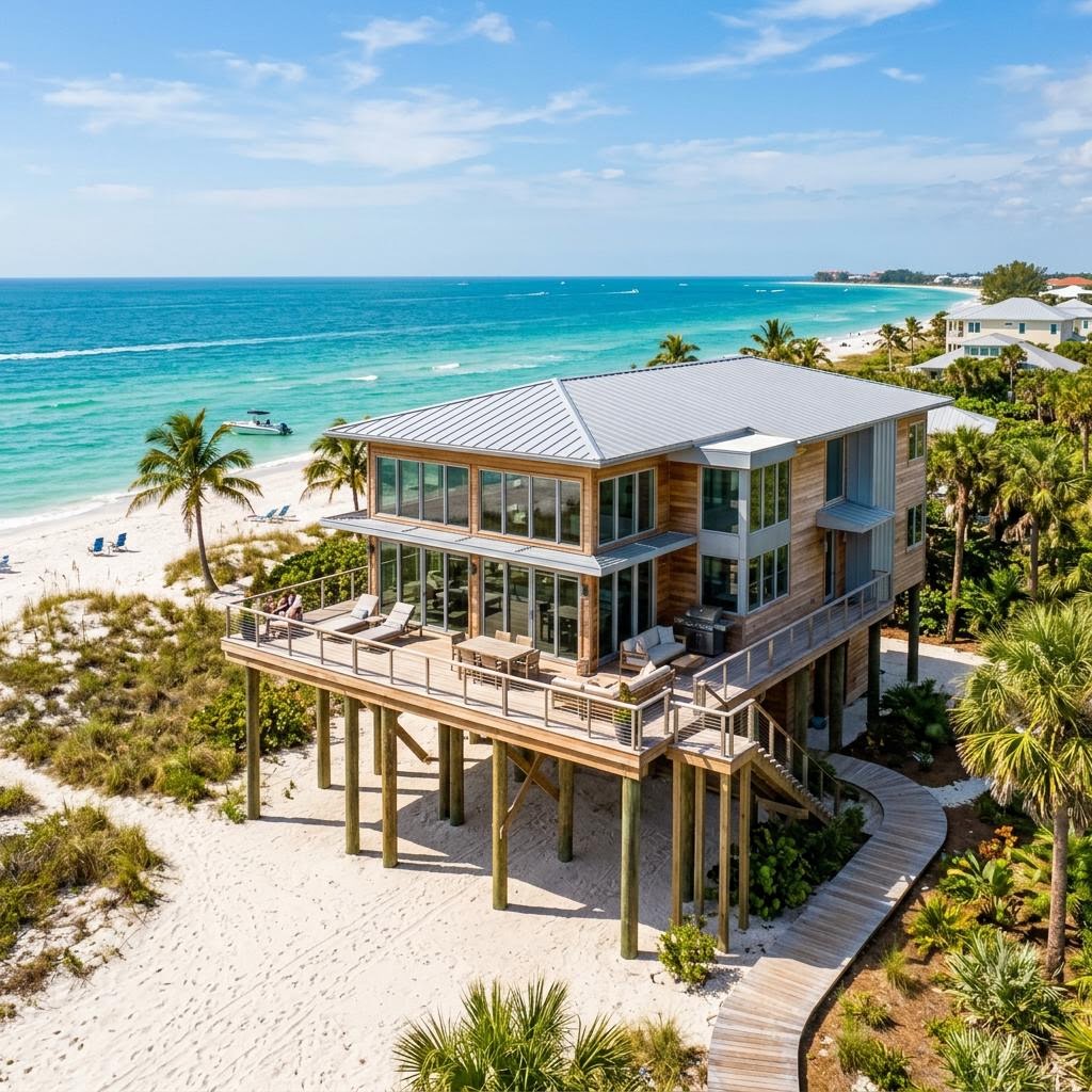 Luxury elevated home on pilings above white sand Florida beach