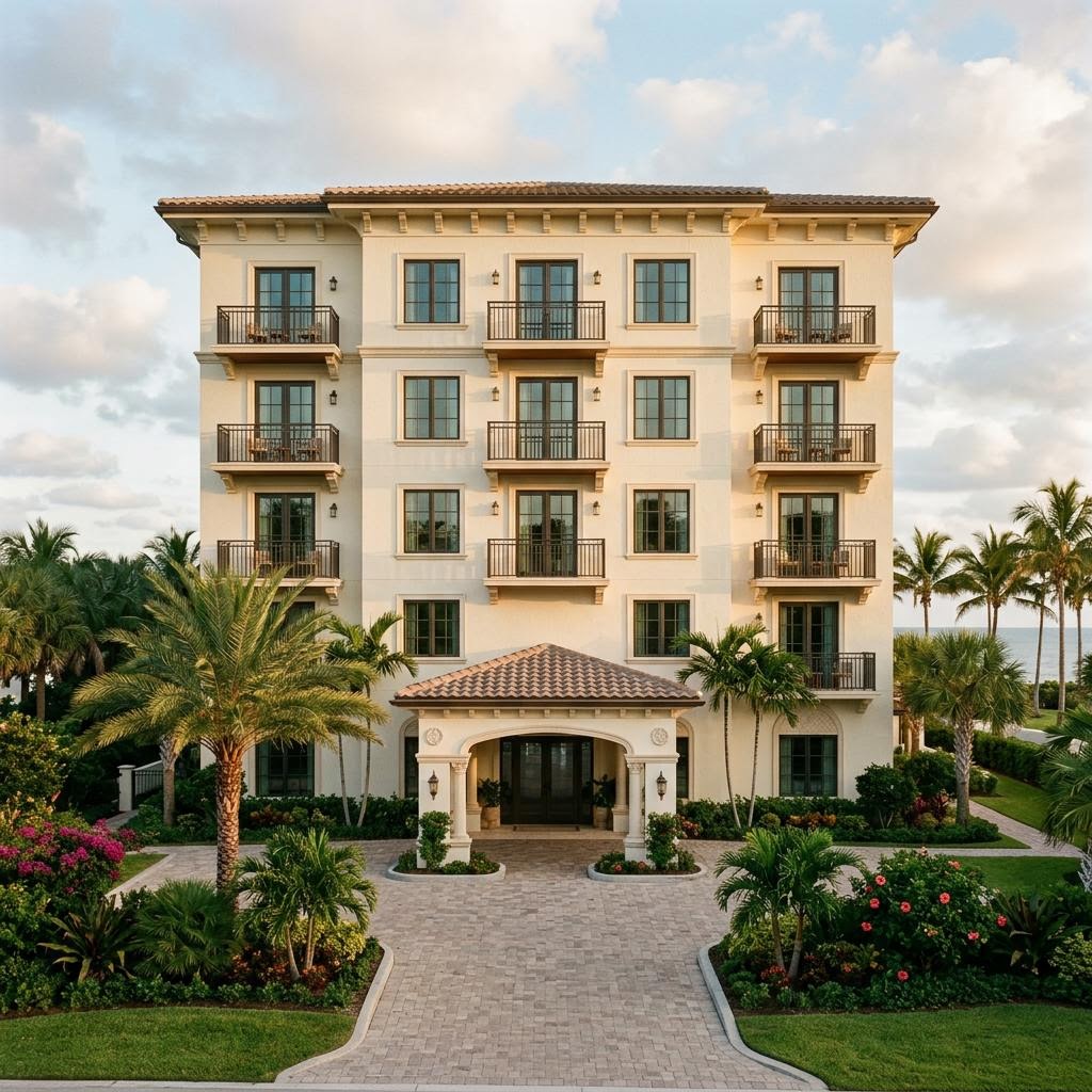 Conceptual illustration of a Florida hotel with a covered entrance and tropical landscaping