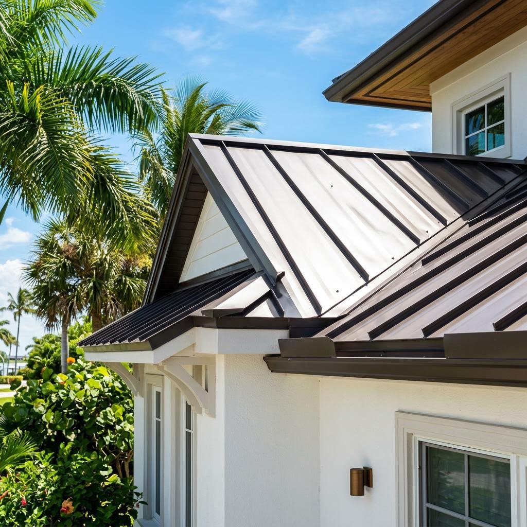 Standing-seam metal roof on a Florida coastal home under bright blue skies
