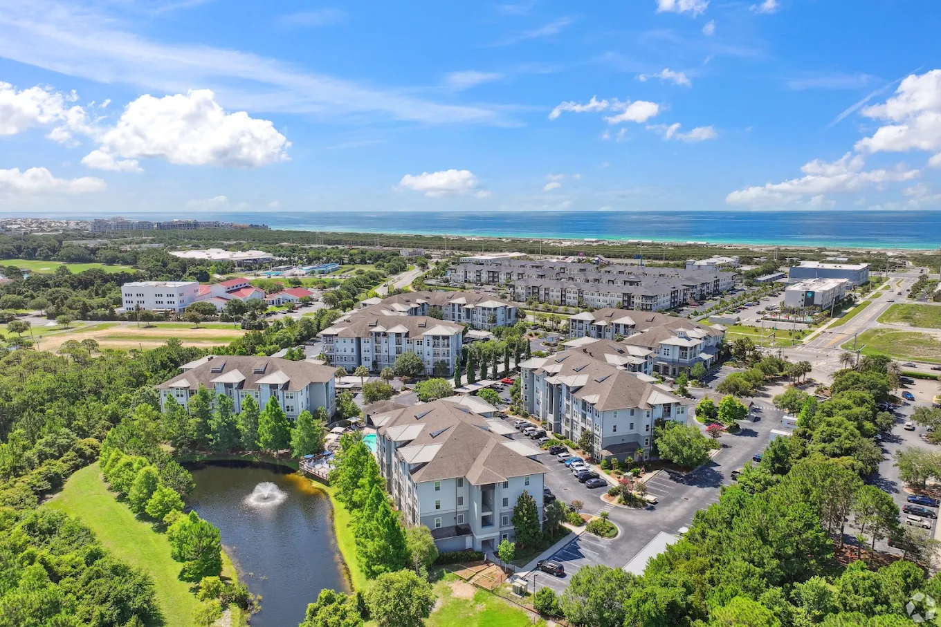 Aerial view of Venue Emerald Coast apartments in Destin, Florida, a Kancor framing project