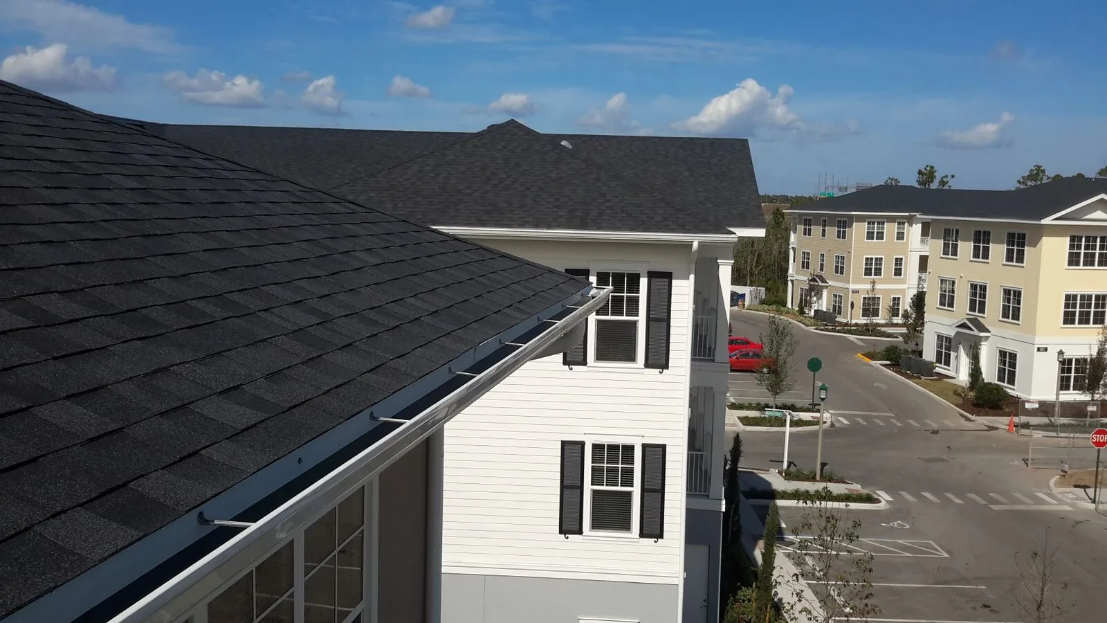 Asphalt shingle roofs on apartment buildings