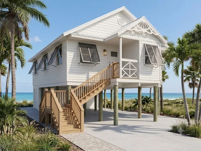 Elevated beach house on pilings rendering – Design Concepts (Renderings) by Kancor Companies, Cape Coral, FL