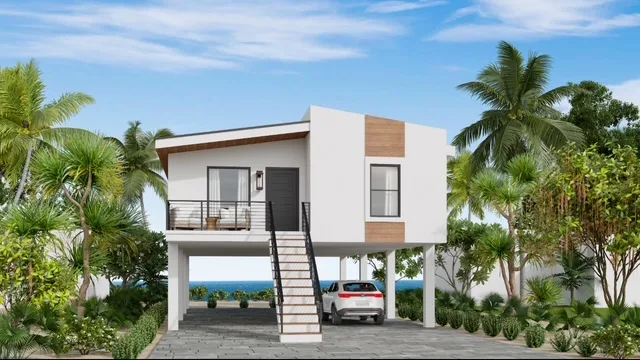 Design rendering of an elevated coastal home raised on columns