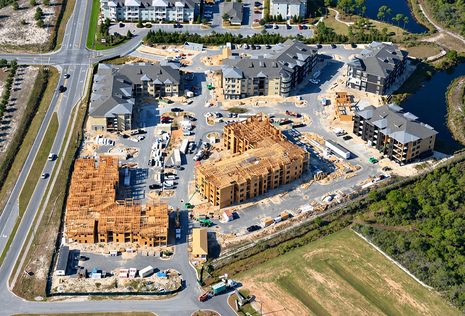 Aerial view of multifamily construction showing timber-framed buildings and apartment buildings across an active development site