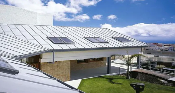 Standing seam metal roof panels on a building